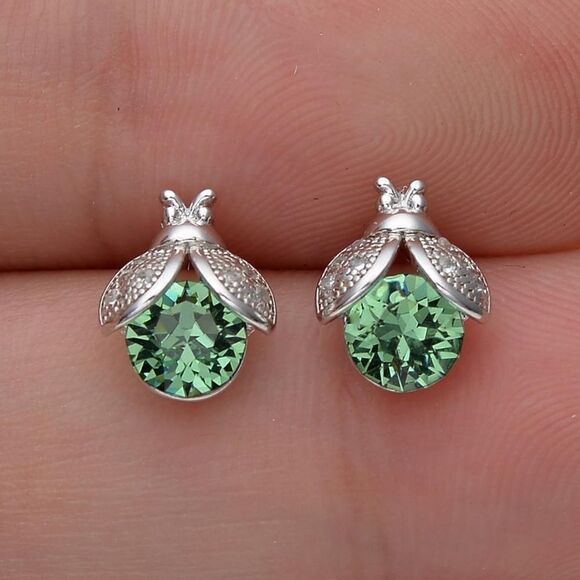 925 Sterling Silver with Emerald Green Cubic Zirconia Ladybug Stud Earrings - Picture 3 of 5